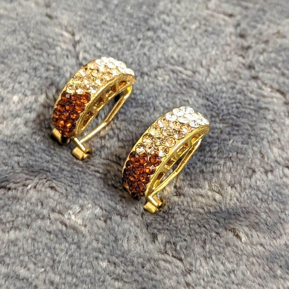 Vintage Tri-Colored Rhinestone Half Hoop Pierced Earrings
